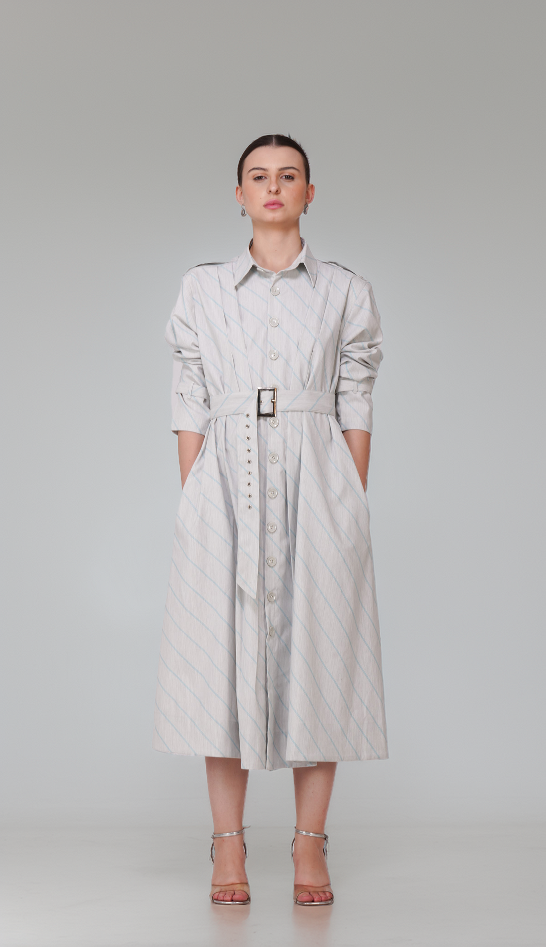 Pre-Order Ash Grey Striped Long Shirt Dress