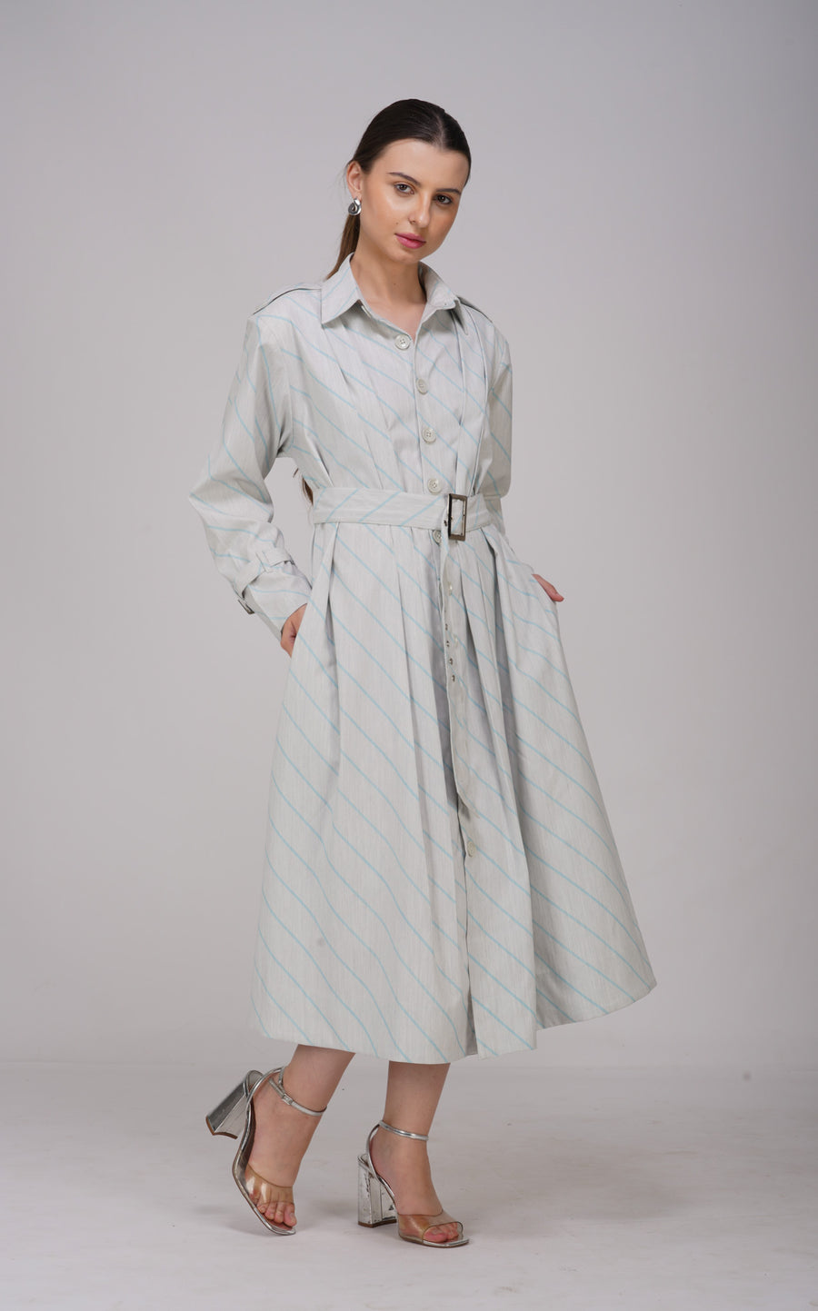 Pre-Order Ash Grey Striped Long Shirt Dress