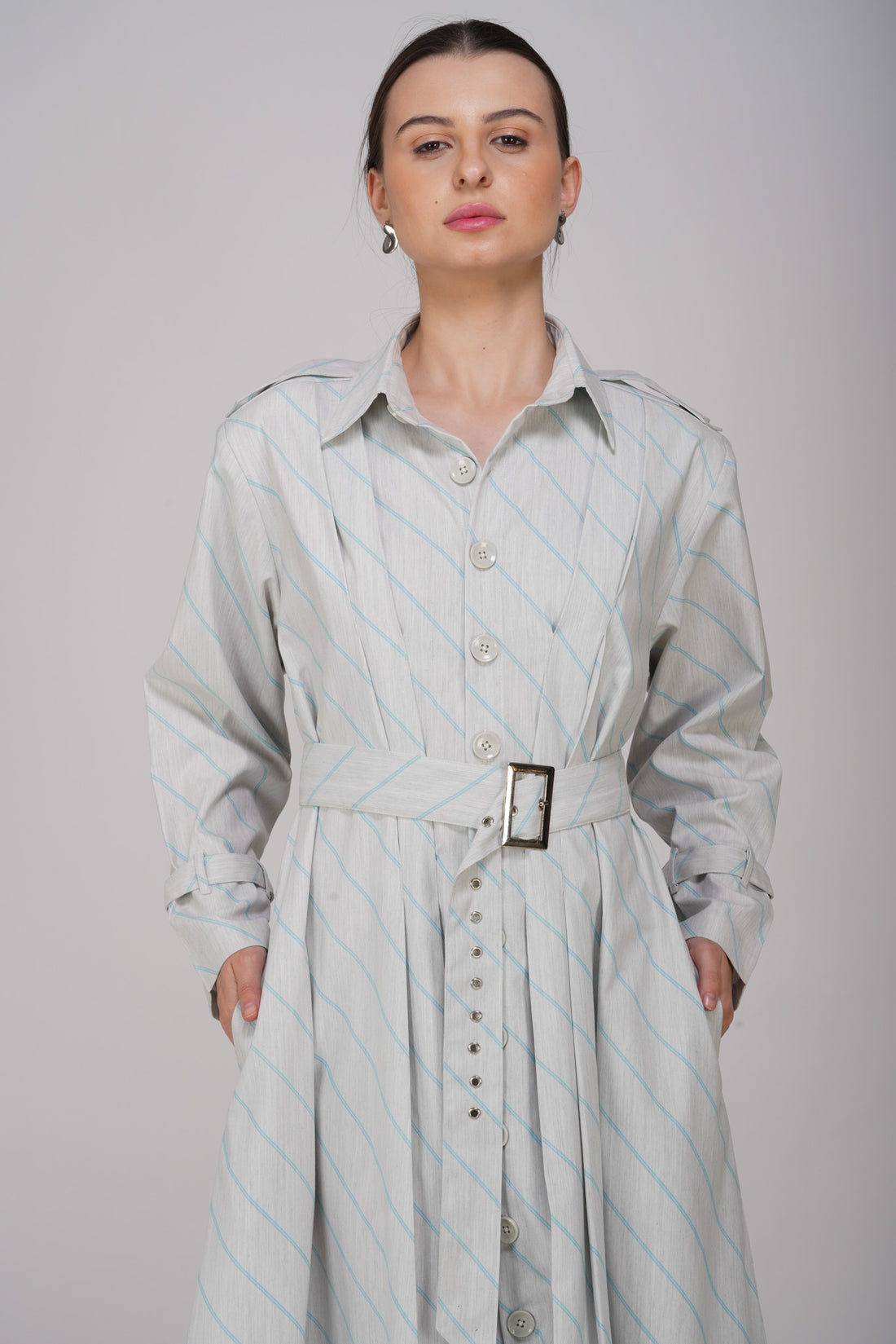 Pre-Order Ash Grey Striped Long Shirt Dress