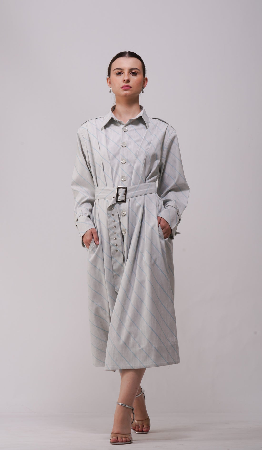 Pre-Order Ash Grey Striped Long Shirt Dress