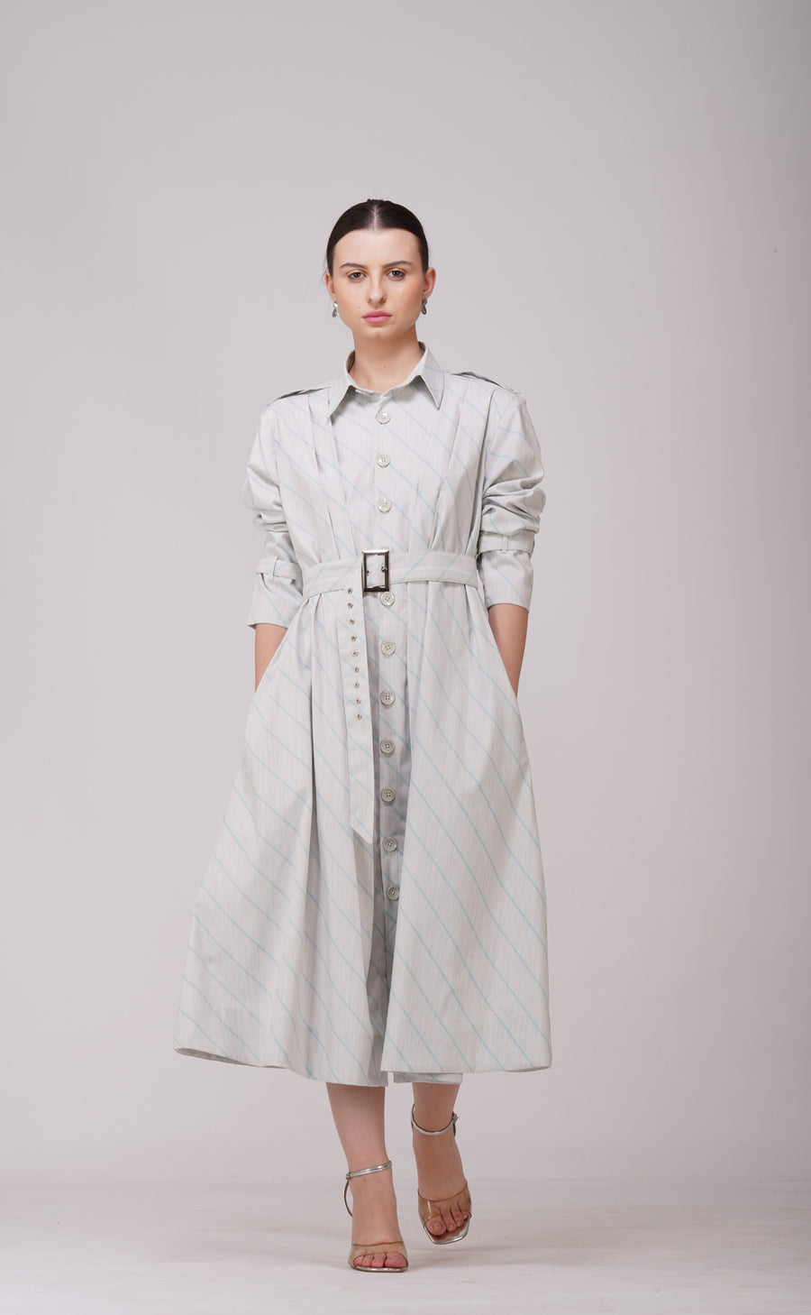 Pre-Order Ash Grey Striped Long Shirt Dress