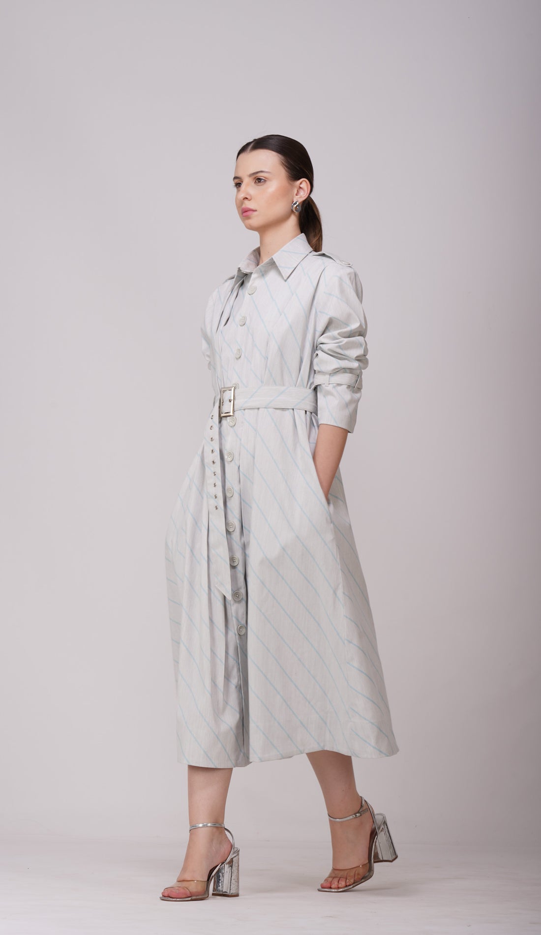 Pre-Order Ash Grey Striped Long Shirt Dress